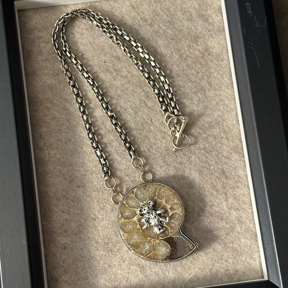 Giant Gold Nautilus Ammonite Pendant Necklace w/Dancing Bear cabochon